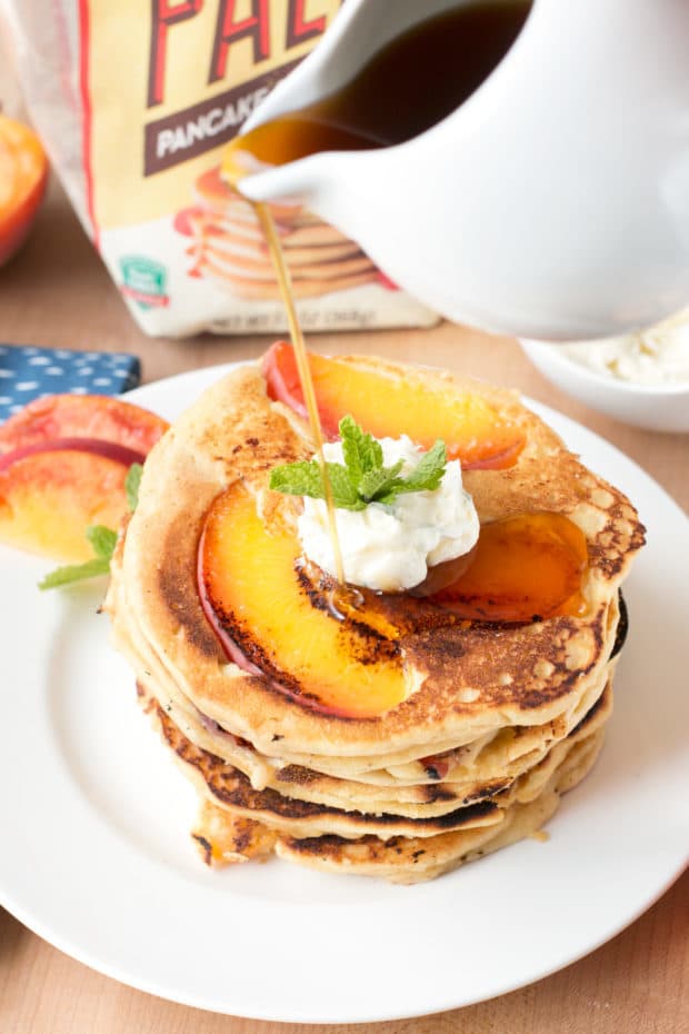 Protein Peach Pancakes with Whipped Mint Butter and Bourbon Maple Syrup | cakenknife.com #breakfast #brunch #vegan #glutenfree #paleo