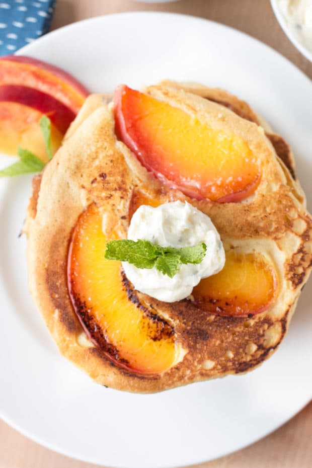 Protein Peach Pancakes with Whipped Mint Butter and Bourbon Maple Syrup | cakenknife.com #breakfast #brunch #vegan #glutenfree #paleo