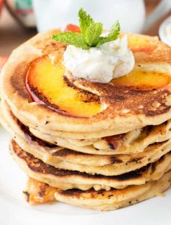 Protein Peach Pancakes with Whipped Mint Butter and Bourbon Maple Syrup | cakenknife.com #breakfast #brunch #vegan #glutenfree #paleo