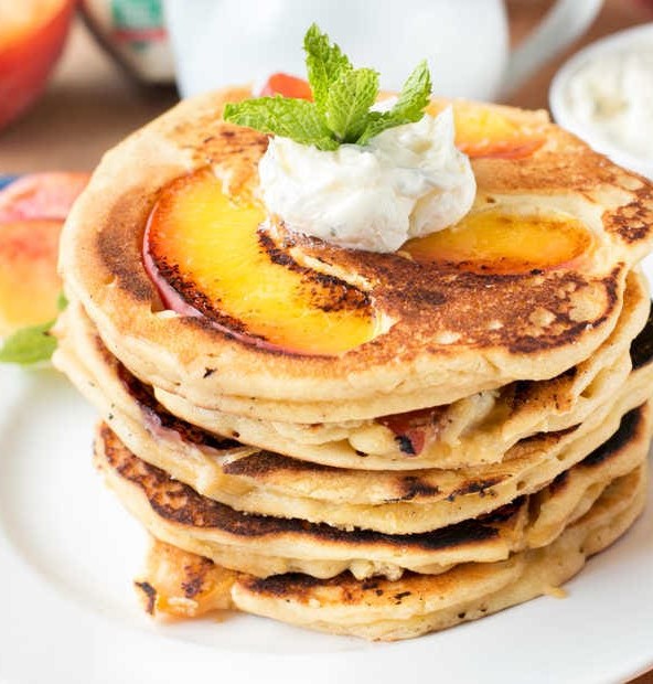 Protein Peach Pancakes with Whipped Mint Butter and Bourbon Maple Syrup | cakenknife.com #breakfast #brunch #vegan #glutenfree #paleo