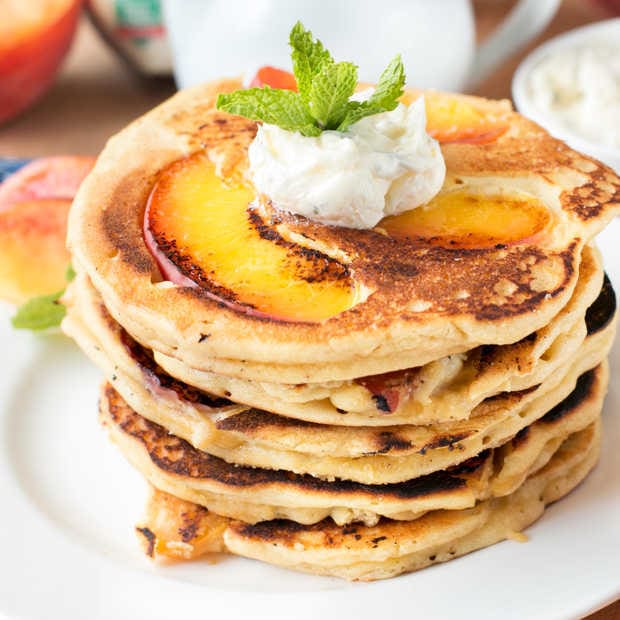 Protein Peach Pancakes with Whipped Mint Butter and Bourbon Maple Syrup | cakenknife.com #breakfast #brunch #vegan #glutenfree #paleo