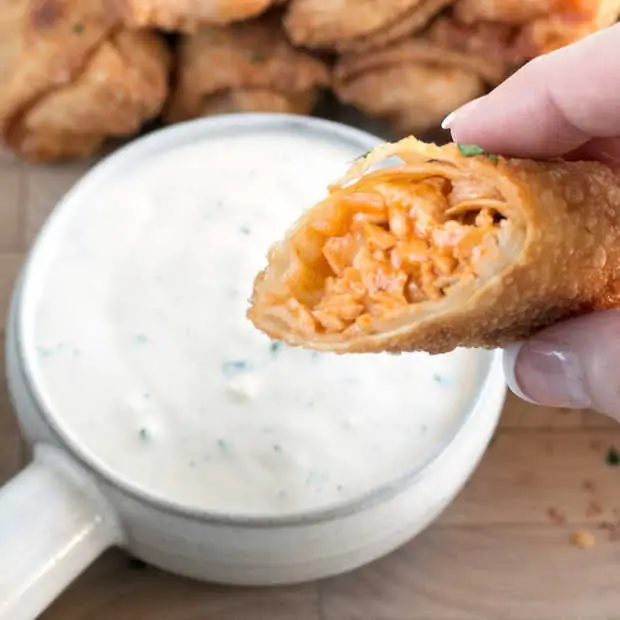 Blue Cheese Buffalo Chicken Egg Rolls | cakenknife.com #buffalochicken #tailgating #appetizer #eggrolls