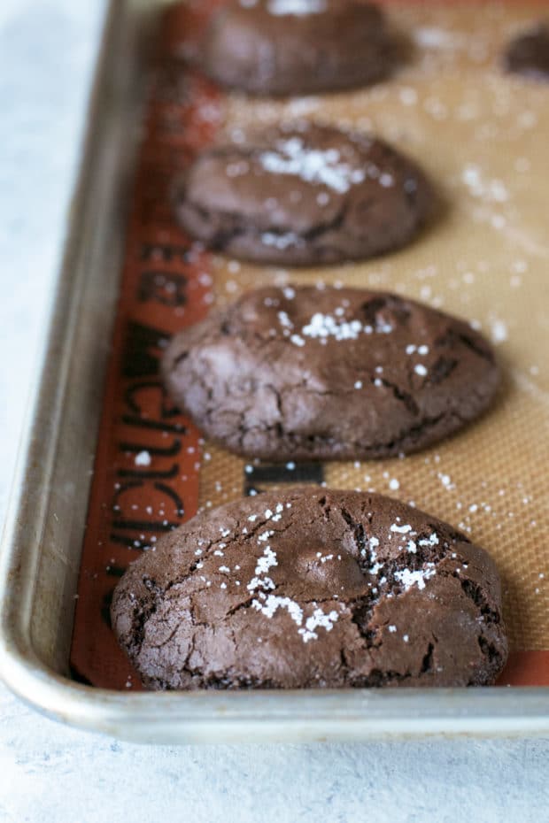 Olive Oil Salted Caramel Brownie Cookies | cakenknife.com #dessert #chocolate #baking #ad