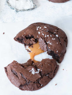 Olive Oil Salted Caramel Brownie Cookies | cakenknife.com #dessert #chocolate #baking #ad