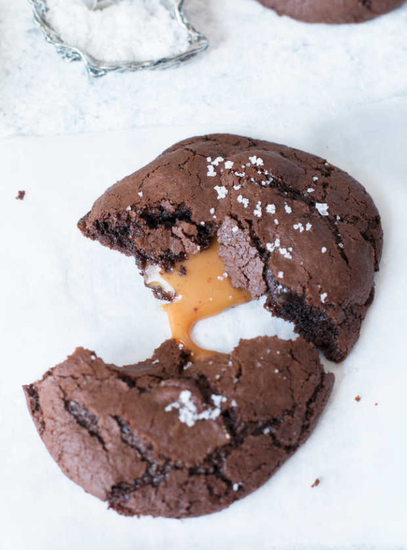 Olive Oil Salted Caramel Brownie Cookies | cakenknife.com #dessert #chocolate #baking #ad