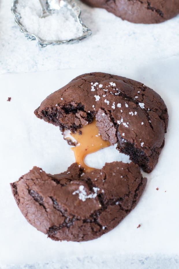 Olive Oil Salted Caramel Brownie Cookies | cakenknife.com #dessert #chocolate #baking #ad