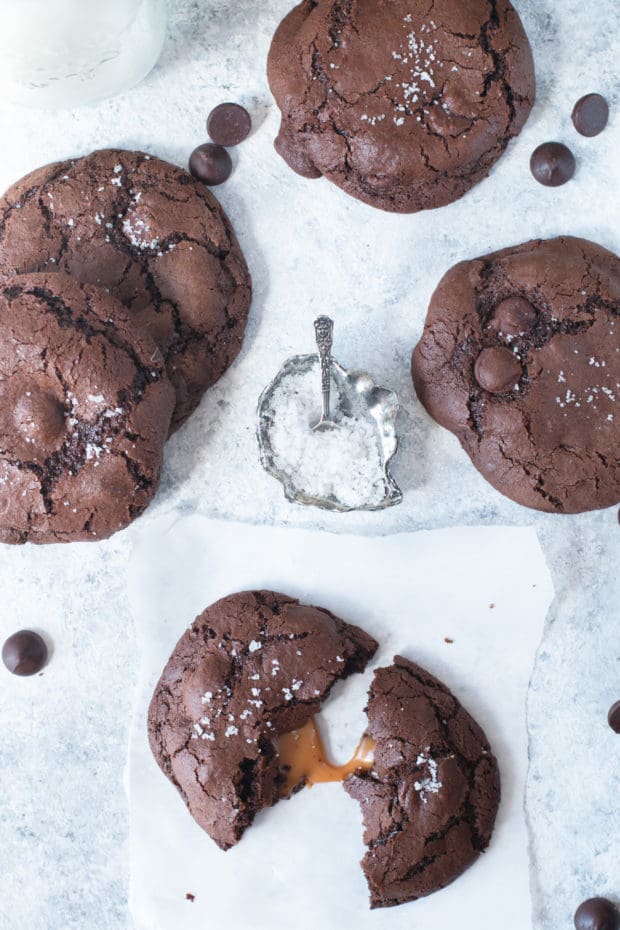 Olive Oil Salted Caramel Brownie Cookies | cakenknife.com #dessert #chocolate #baking #ad