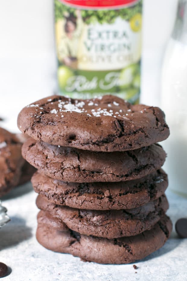 Olive Oil Salted Caramel Brownie Cookies | cakenknife.com #dessert #chocolate #baking #ad