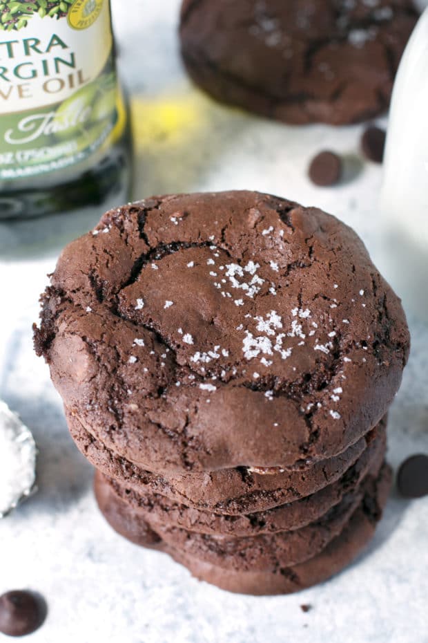 Olive Oil Salted Caramel Brownie Cookies | cakenknife.com #dessert #chocolate #baking #ad