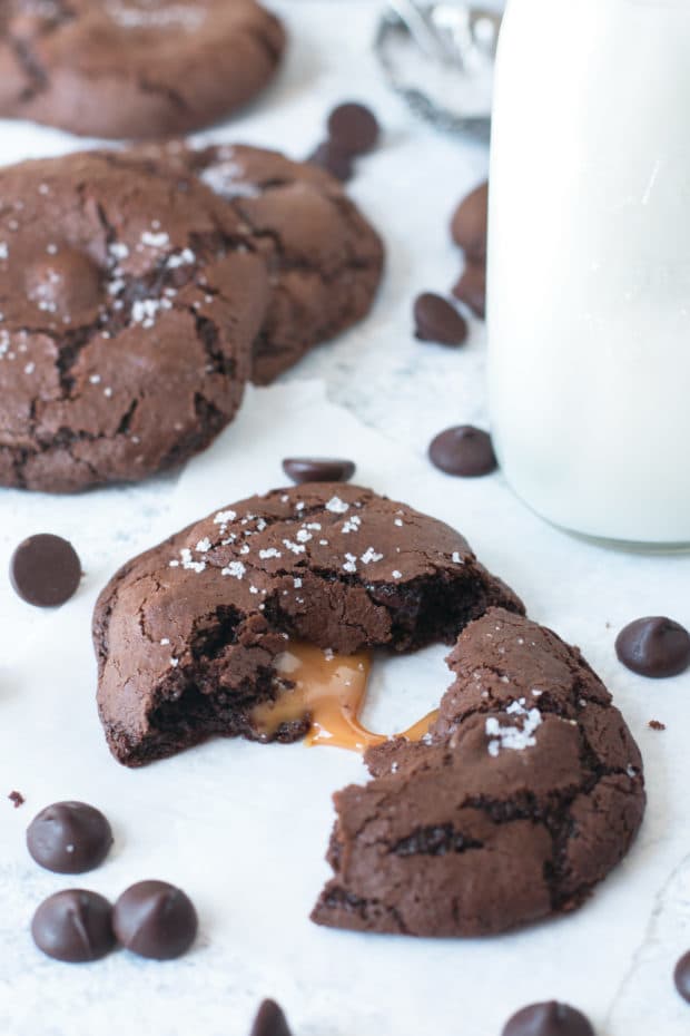 Olive Oil Salted Caramel Brownie Cookies | cakenknife.com #dessert #chocolate #baking #ad