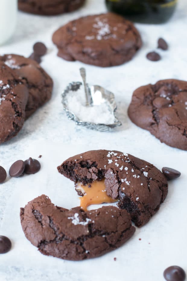 Olive Oil Salted Caramel Brownie Cookies | cakenknife.com #dessert #chocolate #baking #ad