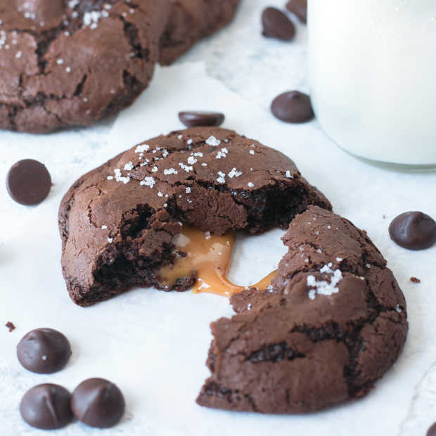 Olive Oil Salted Caramel Brownie Cookies | cakenknife.com #dessert #chocolate #baking #ad