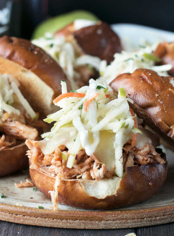 Slow Cooker Apple Cider Chicken Sliders | cakenknife.com #sliders #tailgating #slowcooker #crockpot #fall #apple