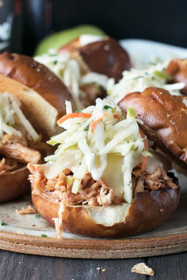 Slow Cooker Apple Cider Chicken Sliders | cakenknife.com #sliders #tailgating #slowcooker #crockpot #fall #apple