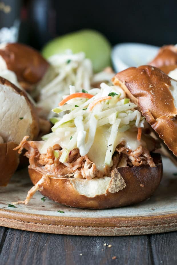 Slow Cooker Apple Cider Chicken Sliders | cakenknife.com #sliders #tailgating #slowcooker #crockpot #fall #apple