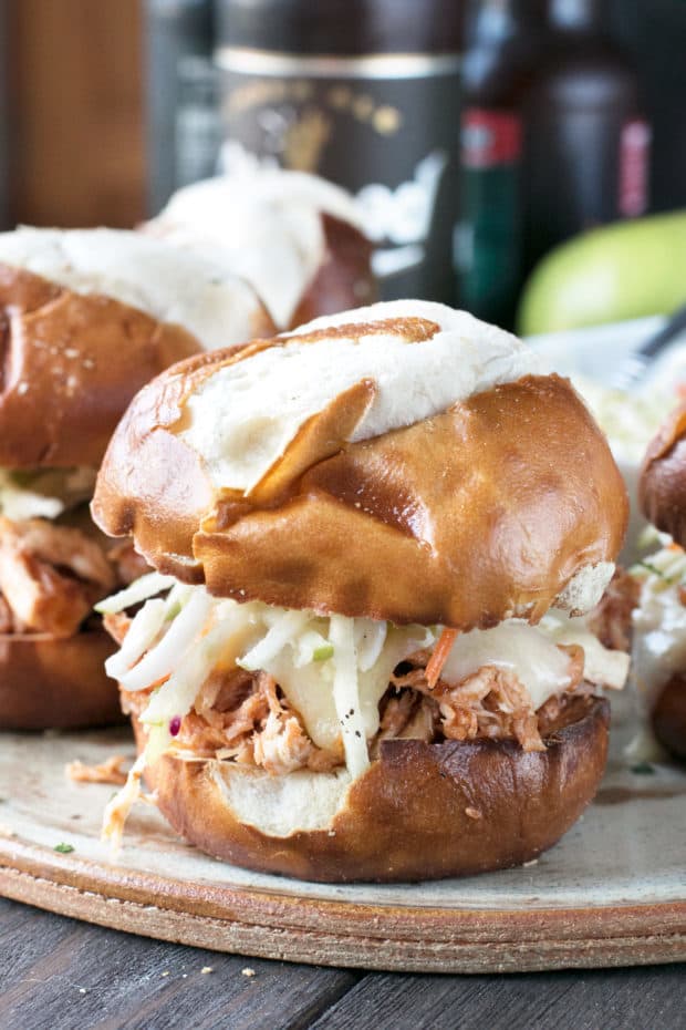 Slow Cooker Apple Cider Chicken Sliders | cakenknife.com #sliders #tailgating #slowcooker #crockpot #fall #apple