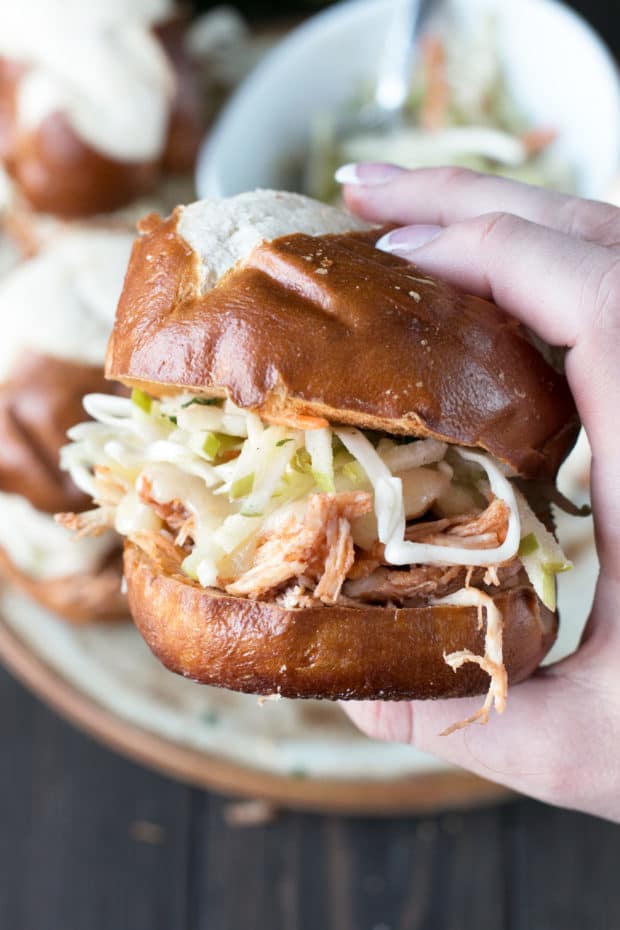 Slow Cooker Apple Cider Chicken Sliders | cakenknife.com #sliders #tailgating #slowcooker #crockpot #fall #apple