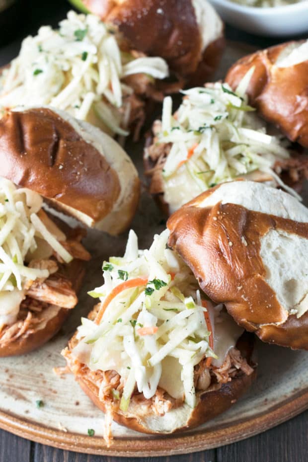 Slow Cooker Apple Cider Chicken Sliders | cakenknife.com #sliders #tailgating #slowcooker #crockpot #fall #apple