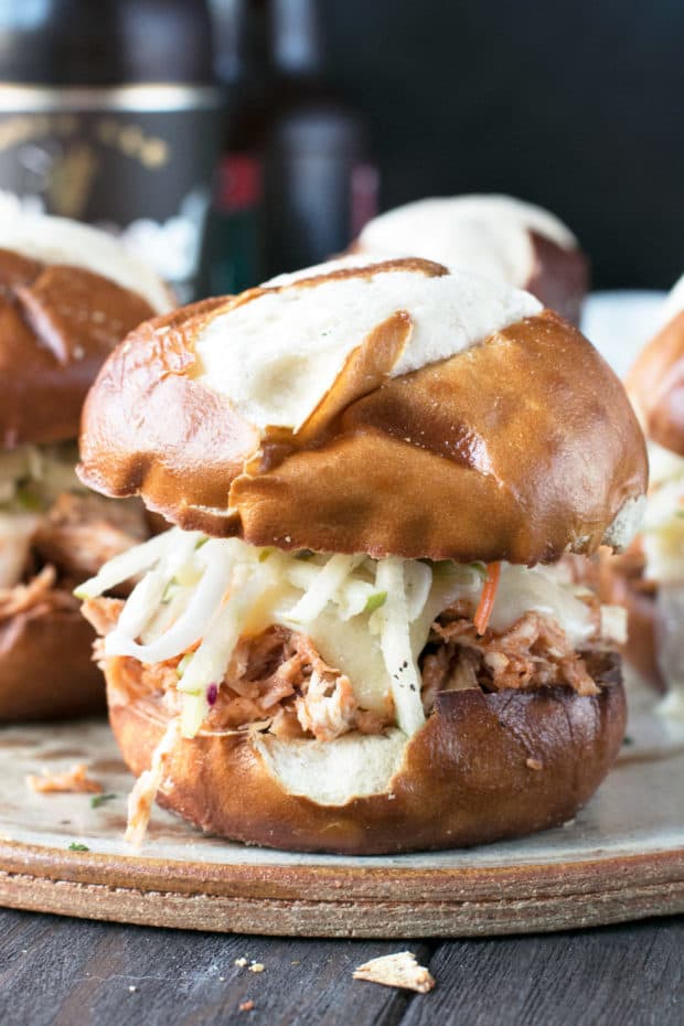 Slow Cooker Apple Cider Chicken Sliders | cakenknife.com #sliders #tailgating #slowcooker #crockpot #fall #apple