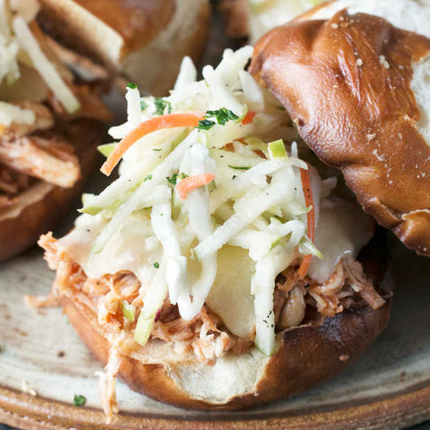 Slow Cooker Apple Cider Chicken Sliders | cakenknife.com #sliders #tailgating #slowcooker #crockpot #fall #apple