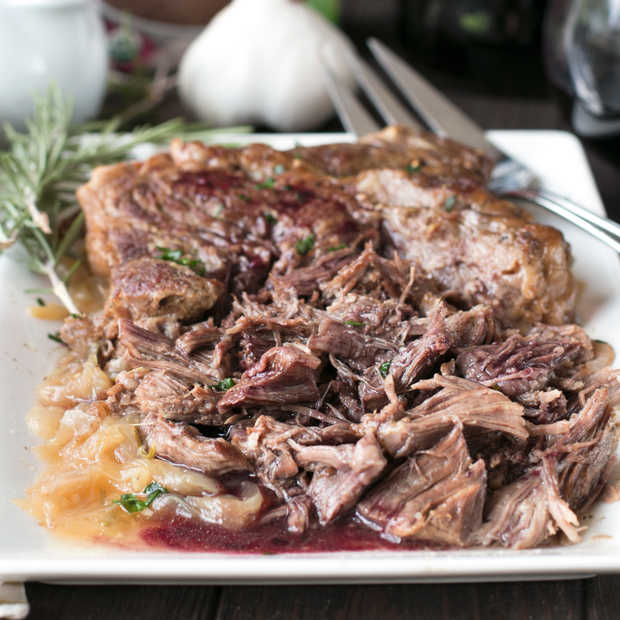 Slow Cooker Garlic Rosemary Pot Roast with Red Wine Sauce | cakenknife.com #ad #roastwiththemost #potroast #crockpot