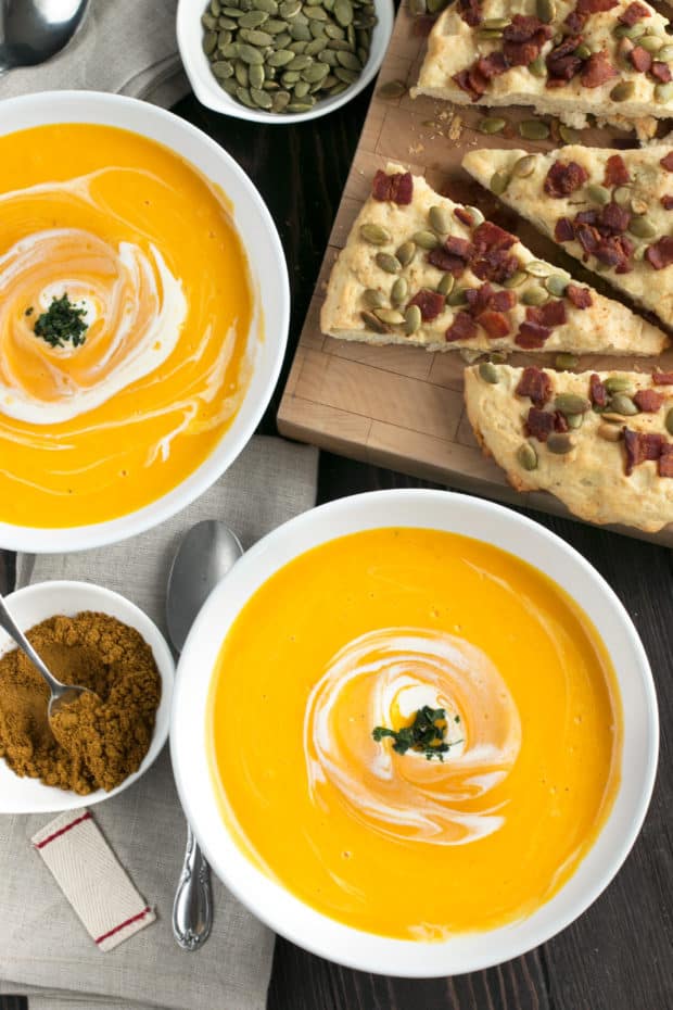 Curried Roasted Butternut Squash Soup with Bacon Pumpkin Seed Bread | cakenknife.com #soup #fall #butternutsquash #thanksgiving