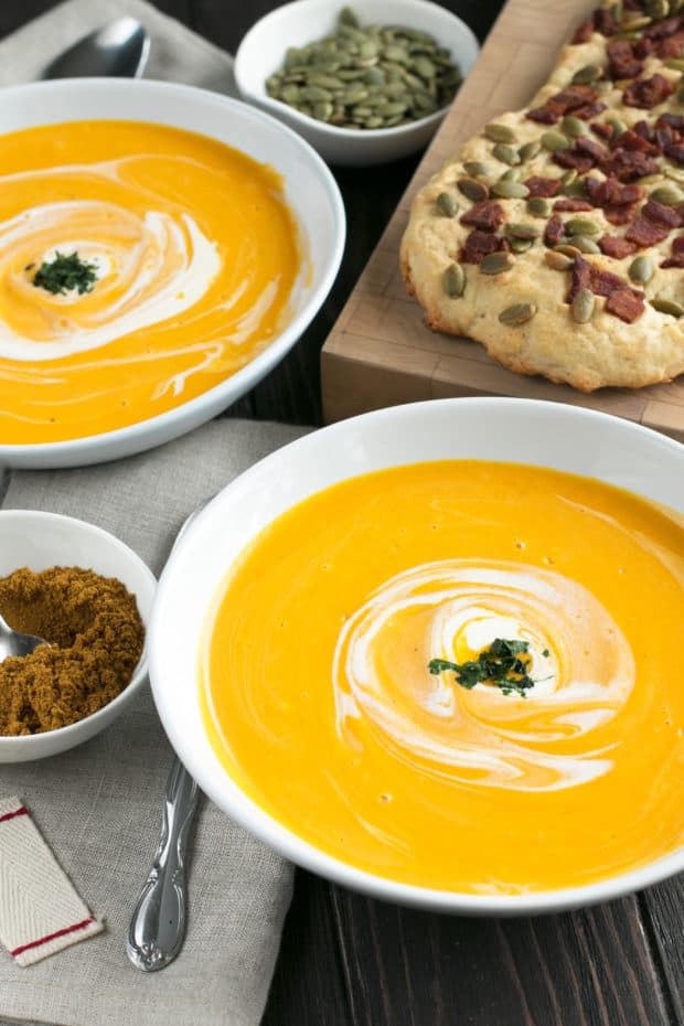 Curried Roasted Butternut Squash Soup with Bacon Pumpkin Seed Bread | cakenknife.com #soup #fall #butternutsquash #thanksgiving