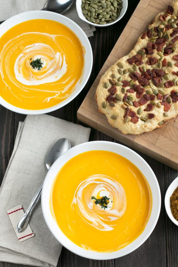 Curried Roasted Butternut Squash Soup with Bacon Pumpkin Seed Bread | cakenknife.com #soup #fall #butternutsquash #thanksgiving