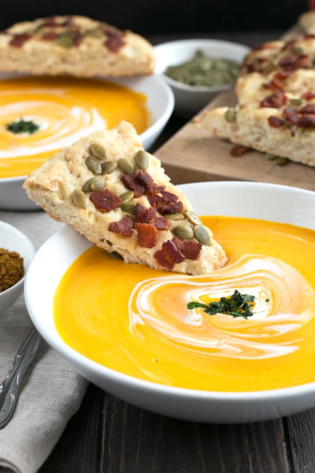 Curried Roasted Butternut Squash Soup with Bacon Pumpkin Seed Bread | cakenknife.com #soup #fall #butternutsquash #thanksgiving