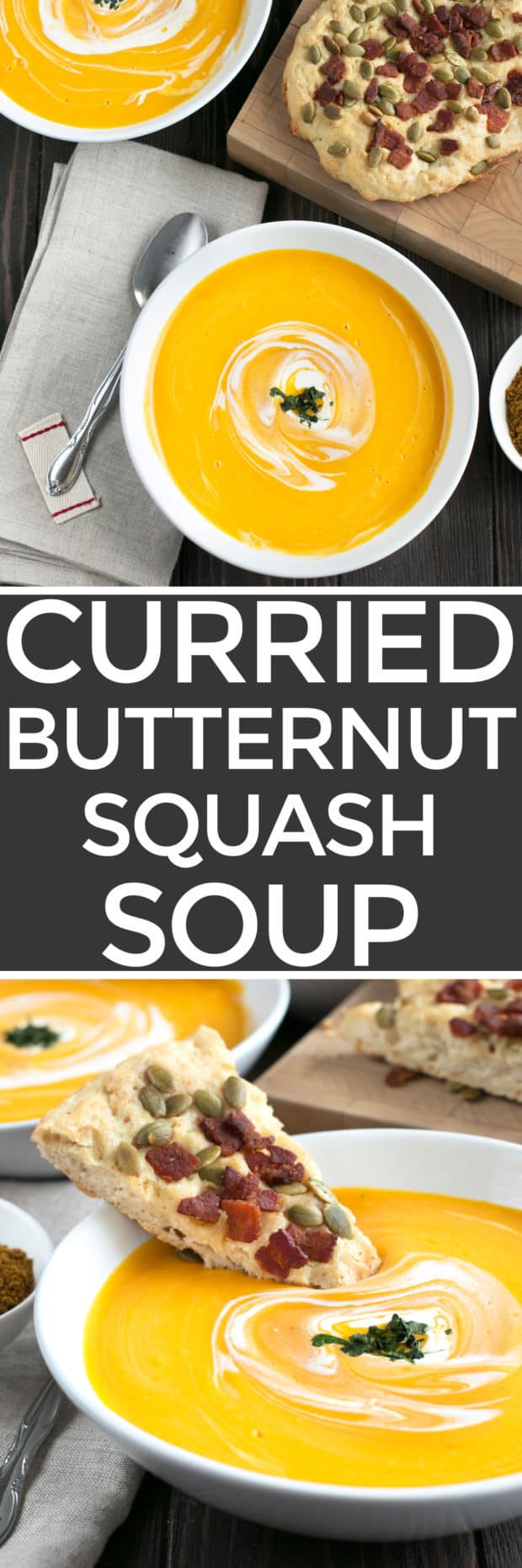 Curried Roasted Butternut Squash Soup with Bacon Pumpkin Seed Bread | cakenknife.com #soup #fall #butternutsquash #thanksgiving