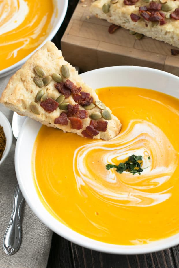 Curried Roasted Butternut Squash Soup with Bacon Pumpkin Seed Bread | cakenknife.com #soup #fall #butternutsquash #thanksgiving