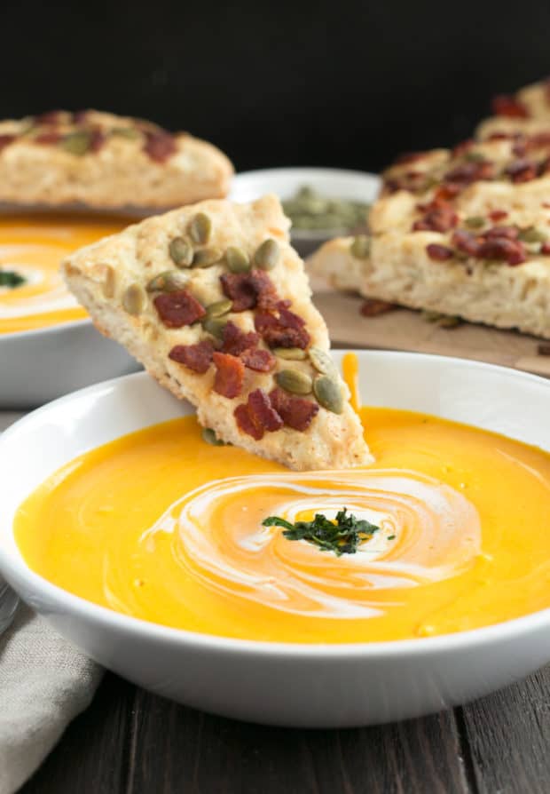 Curried Roasted Butternut Squash Soup with Bacon Pumpkin Seed Bread | cakenknife.com #soup #fall #butternutsquash #thanksgiving