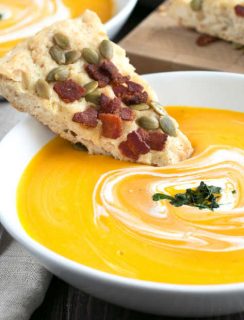 Curried Roasted Butternut Squash Soup with Bacon Pumpkin Seed Bread | cakenknife.com #soup #fall #butternutsquash #thanksgiving