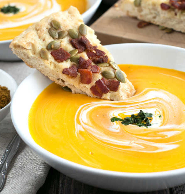 Curried Roasted Butternut Squash Soup with Bacon Pumpkin Seed Bread | cakenknife.com #soup #fall #butternutsquash #thanksgiving