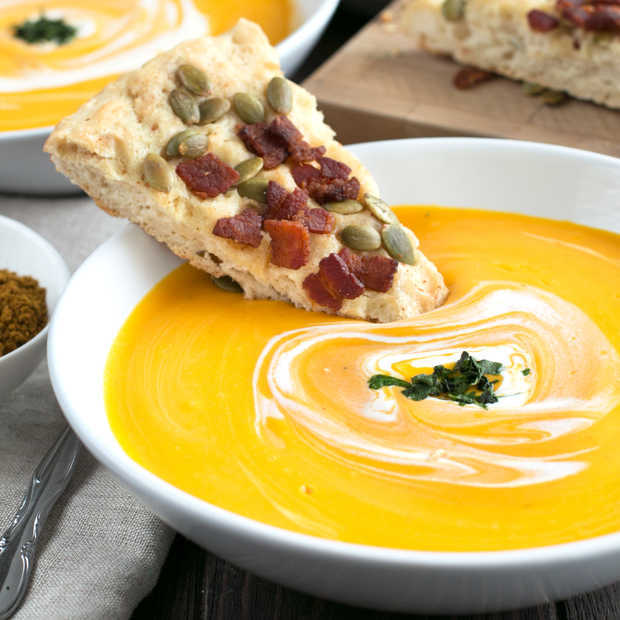 Curried Roasted Butternut Squash Soup with Bacon Pumpkin Seed Bread