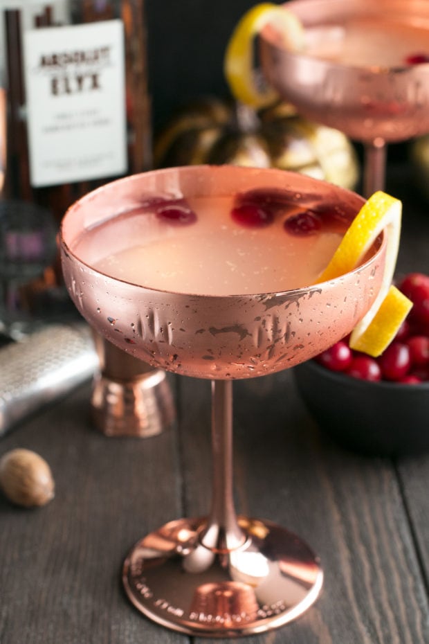 Absolut Elyx Ginger Martini with Drunken Cranberries | cakenknife.com #ad #cocktail #coppermakesitbetter #martini