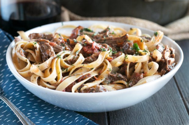 Red Wine Slow Cooker Short Rib Ragu with Fettuccine | cakenknife.com #sponsored #holidaymeal #dinner #pasta #beef