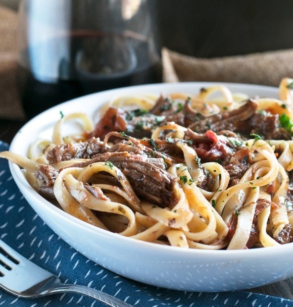 Red Wine Slow Cooker Short Rib Ragu with Fettuccine | cakenknife.com #sponsored #holidaymeal #dinner #pasta #beef