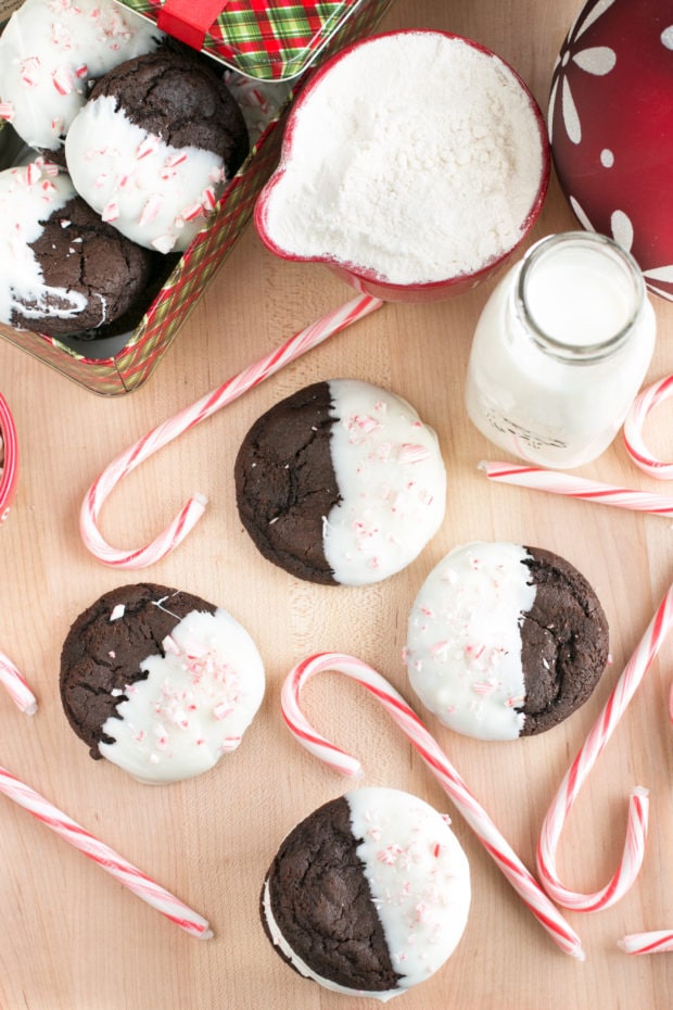 White Chocolate Dipped Dark Chocolate Peppermint Cookies | cakenknife.com #ad #12daysofgiveaways #christmas #recipe