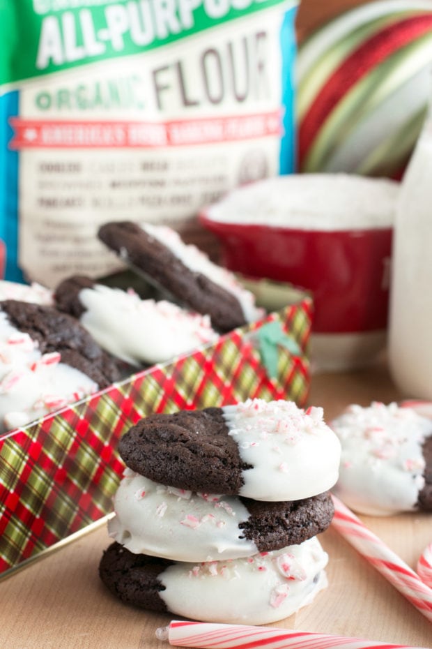 White Chocolate Dipped Dark Chocolate Peppermint Cookies | cakenknife.com #ad #12daysofgiveaways #christmas #recipe