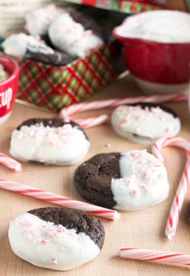 White Chocolate Dipped Dark Chocolate Peppermint Cookies | cakenknife.com #ad #12daysofgiveaways #christmas #recipe