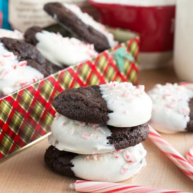 White Chocolate Dipped Dark Chocolate Peppermint Cookies | cakenknife.com #ad #12daysofgiveaways #christmas #recipe