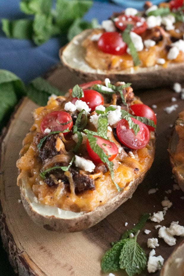 Twice-Baked Chicken Shawarma Stuffed Potatoes | cakenknife.com #moderncomfortcooking @griermountain #dinner #yummy