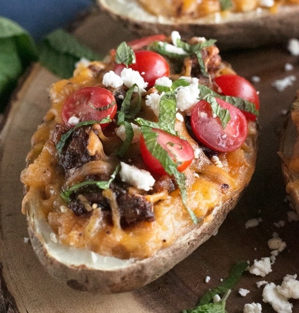 Twice-Baked Chicken Shawarma Stuffed Potatoes | cakenknife.com #moderncomfortcooking @griermountain #dinner #yummy