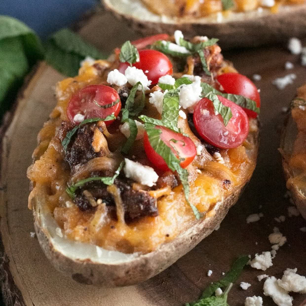 Twice-Baked Chicken Shawarma Stuffed Potatoes | cakenknife.com #moderncomfortcooking @griermountain #dinner #yummy