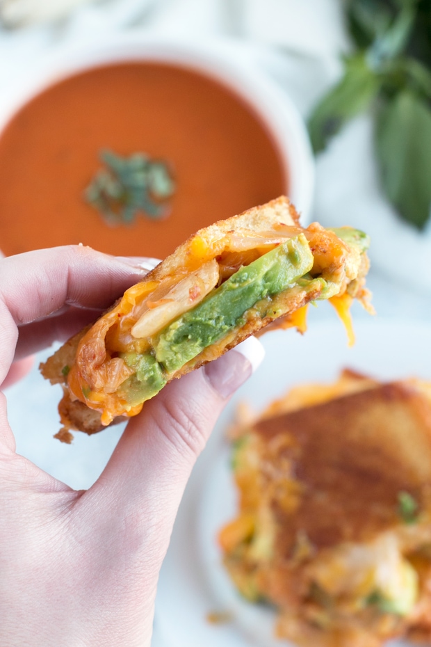 Avocado Kimchi Grilled Cheese with Thai Spiced Tomato Soup