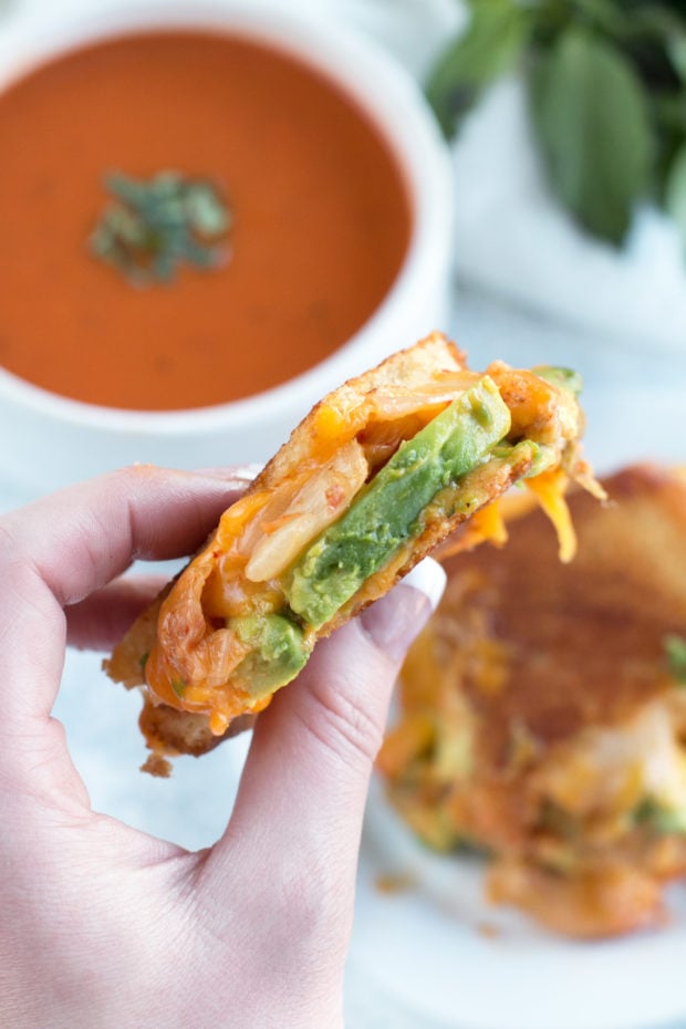 Avocado Kimchi Grilled Cheese with Thai Spiced Tomato Soup