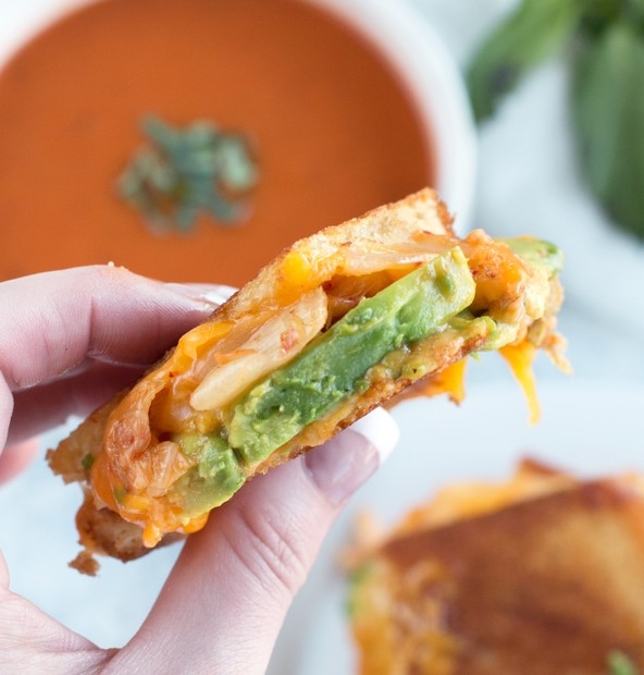 Avocado Kimchi Grilled Cheese with Thai Spiced Tomato Soup