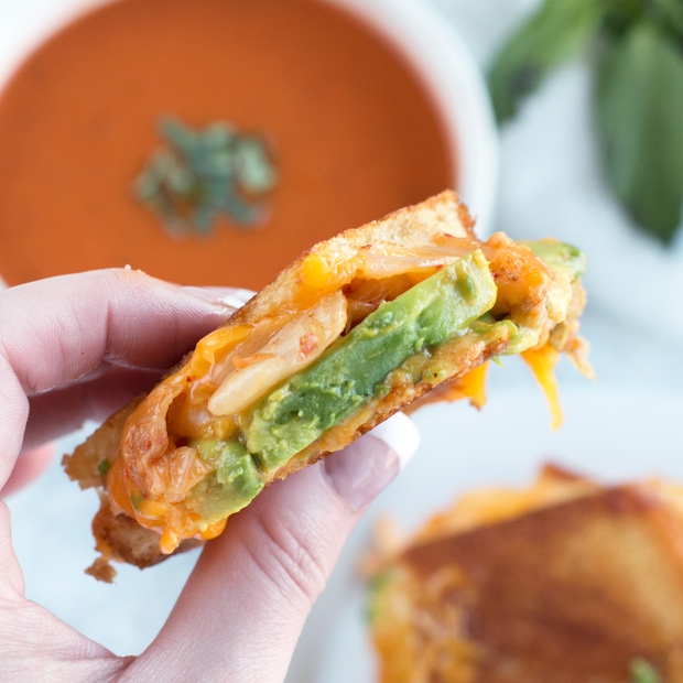 Avocado Kimchi Grilled Cheese with Thai Spiced Tomato Soup