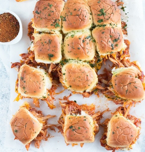 Cheesy BBQ Chicken Pull Apart Sliders